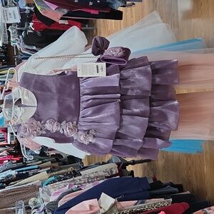 New Pariltim Girls Purple Tiered Dress with Floral Accents & Matching Purse Sz 8